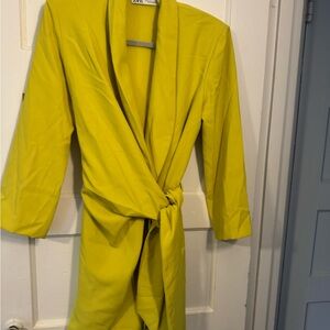 Zara Yellow Blazer with Shawl Collar and Tie Closure